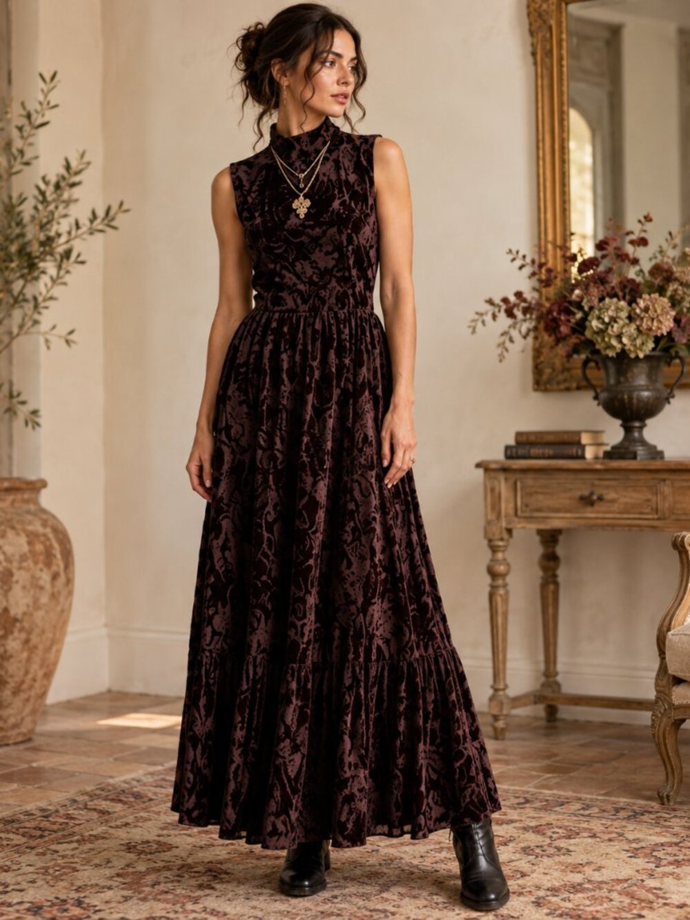 Cirette Velvet Burnout Maxi Dress Gothic Boho 70s Dark Romantic Vintage Holiday